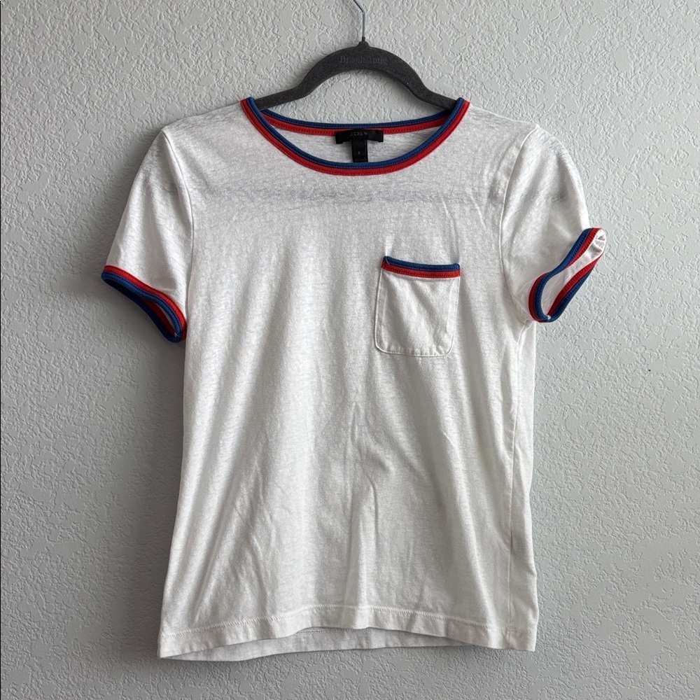 J. Crew White Tee with Red and Blue Trim